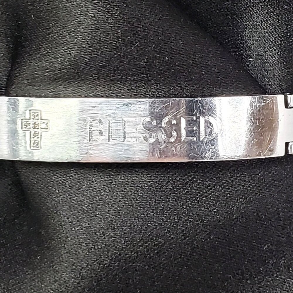 Mens Christian Blessed Cross Bracelet Engraved Stainless Steel Cuban Chain 8.25" - Picture 2 of 7